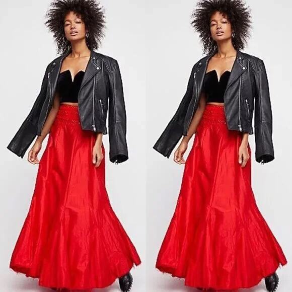 Free People Dresses & Skirts - Free People One -Taffeta Skirt- Red Party Beaded Embroidered Maxi  Sz:0 Ret$228